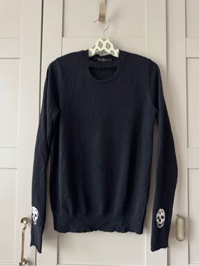 Skull Cashmere Crewneck Sweater Long Sleeve Black Knit Cutout Collar Jumper